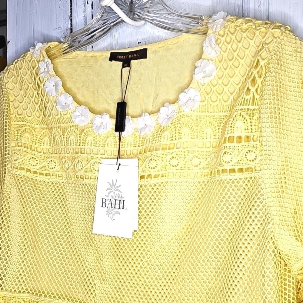Vineet Bahl Womens Embroidered Yellow Mesh Tiered Blouse Boho XS - Picture 2 of 7